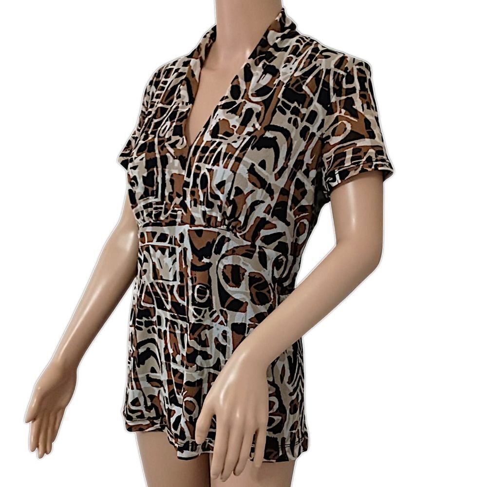 Dana Buchman Empire Waist Top M Mesh Sheer Overlay Babydoll Abstract Y2K Earthy - Picture 5 of 16